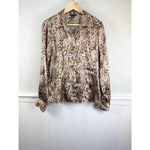 Rafaella Women's Button Down Long Sleeved Leopard Print Satin Blouse, Size 12